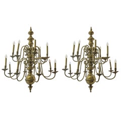 Vintage Pair of Large Dutch Brass Chandeliers, Sold Individually