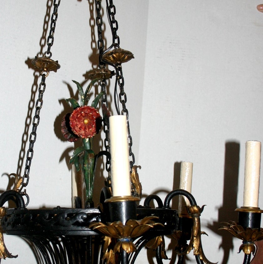 Painted and Gilt Tole Flower Basket Chandelier