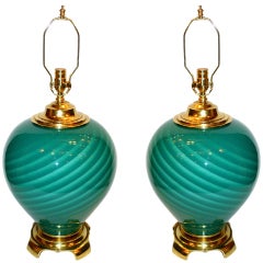 Pair of Large Green Blown Glass Lamps