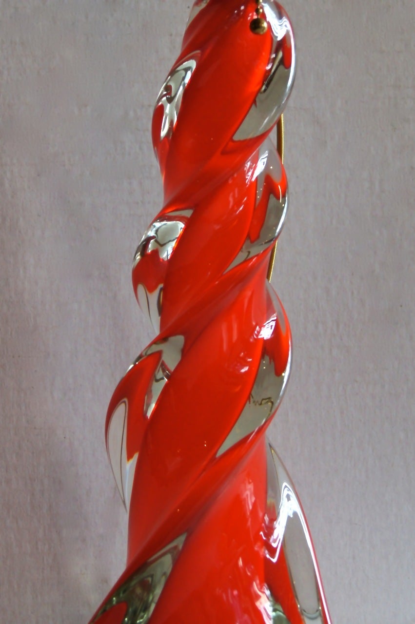 Italian Single Murano Red & Clear Glass Lamp For Sale