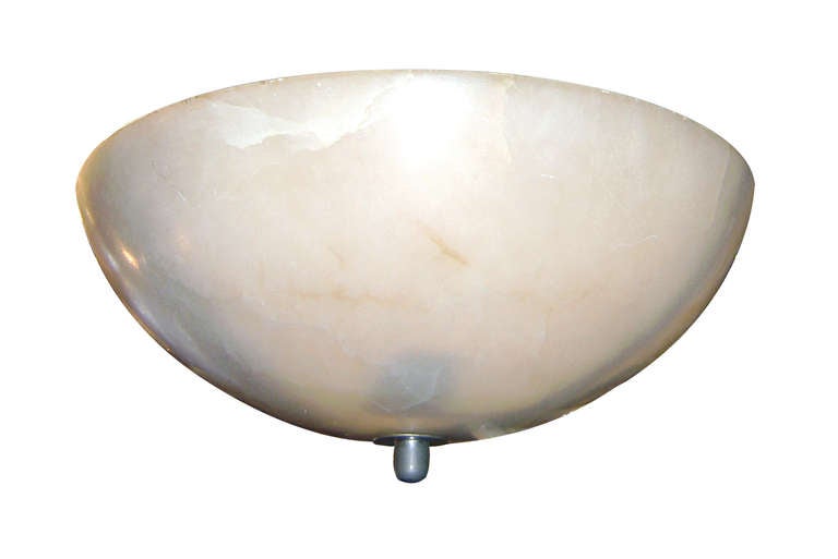 Circa 1920's Italian carved alabaster light fixture with interior lights. Supported by a center rod.

Measurements:
Current drop: 22