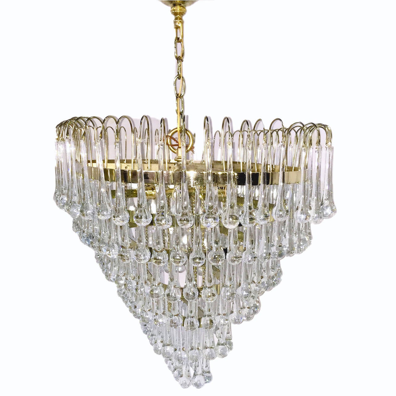 Pair of oval gilt light fixtures with oversized clear glass drops. Interior lights, Italian, 1960s.
Measures: 34