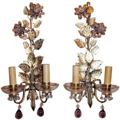 Pair of Crystal Sconces with Molded Glass Leaves
