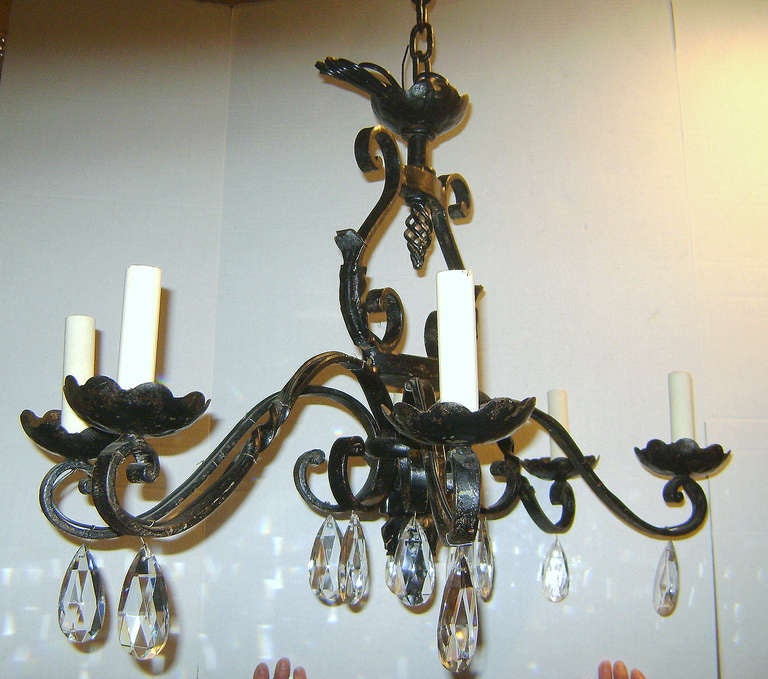 French Horizontal Wrought Iron Chandelier with Crystal Pendants