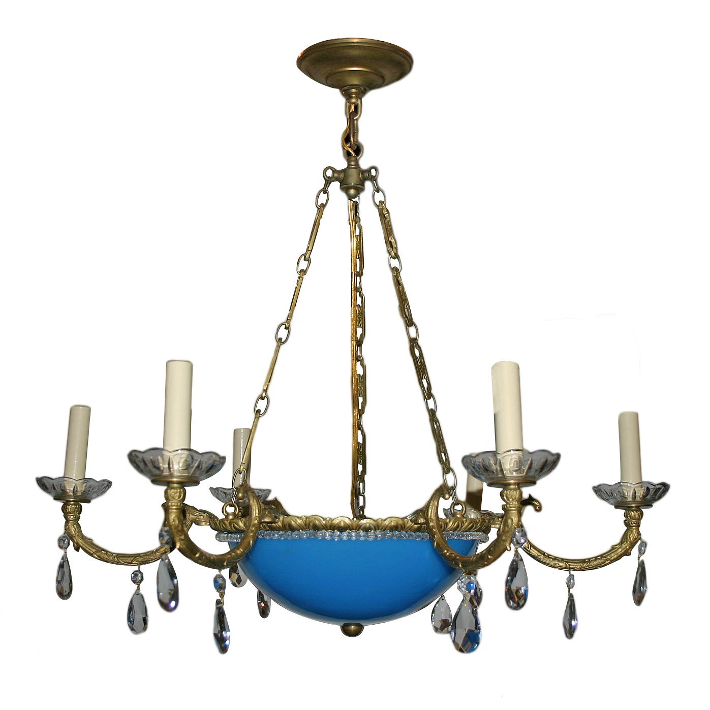 Blue Opaline Glass and Bronze Chandelier For Sale