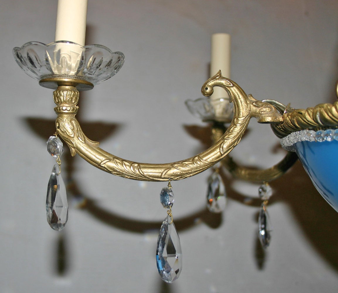 Blue Opaline Glass and Bronze Chandelier For Sale 1