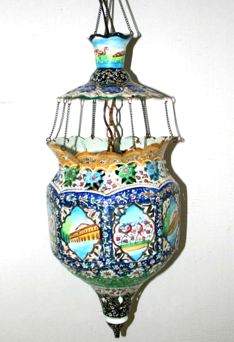 A 1940s Turkish enameled lantern.

Measurements:
Drop 31?
Diameter 9.5?.