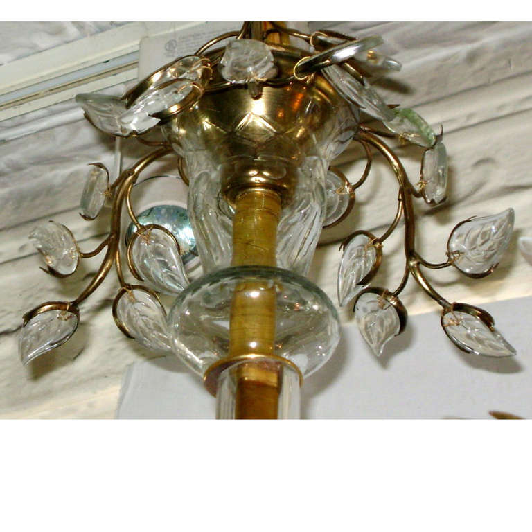 French Pair of Gilt Metal and Molded Glass Leaves Chandeliers