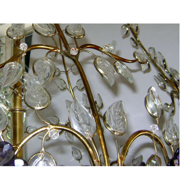 Mid-20th Century Pair of Gilt Metal and Molded Glass Leaves Chandeliers