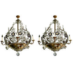 Pair of Gilt Metal and Molded Glass Leaves Chandeliers