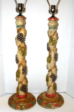 Pair of Carved Wood Candlestick Lamps