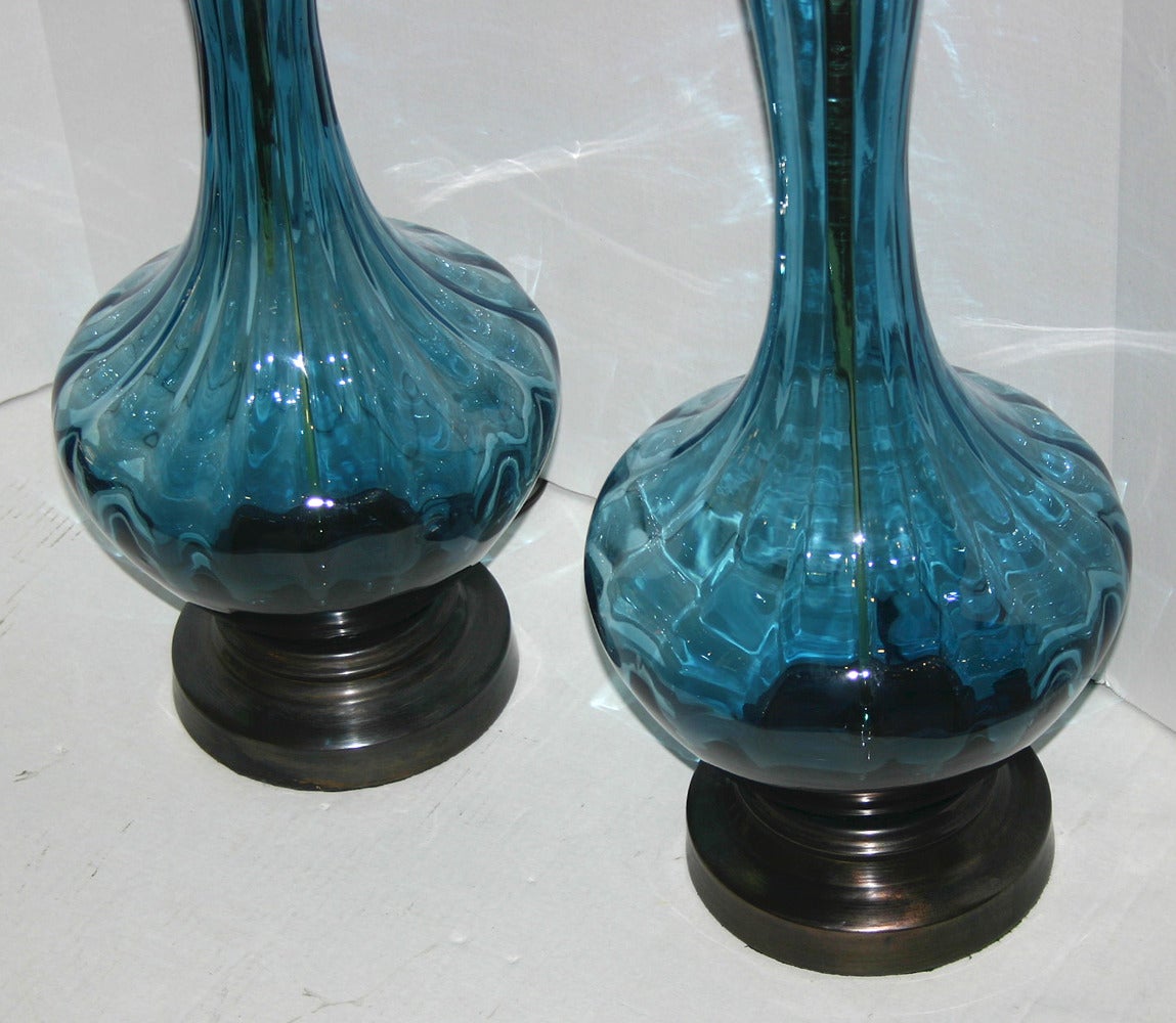 Italian Pair of Blue Murano Glass Lamps