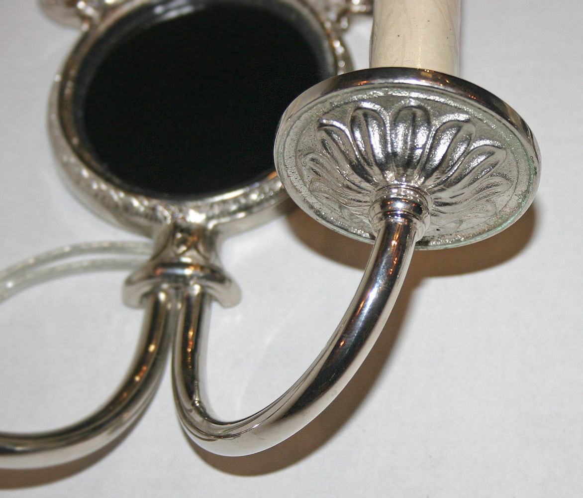 Plated Set of Four Silver Sconces with Black Mirror Insets. Sold for pair For Sale