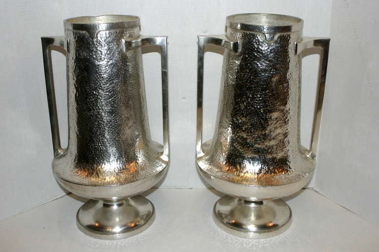 Metal Pair of Silver Plated Vases For Sale