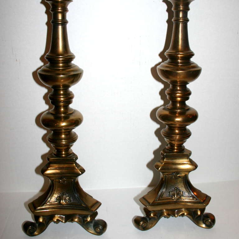 American Pair of Brass Candlestick Lamps