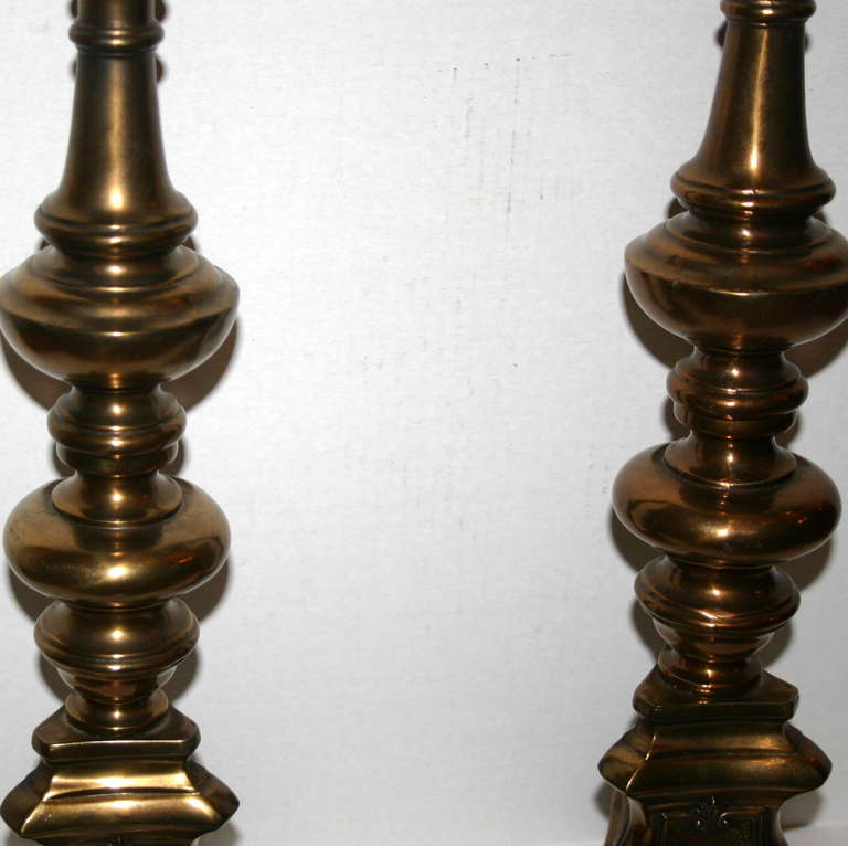 Mid-20th Century Pair of Brass Candlestick Lamps
