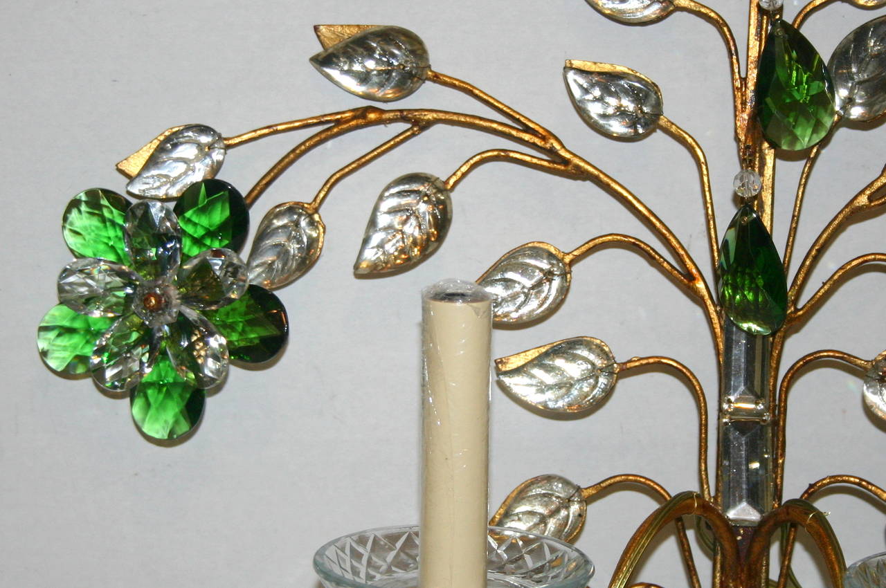 French Set of Four Gilt Metal Emerald and Crystal Sconces