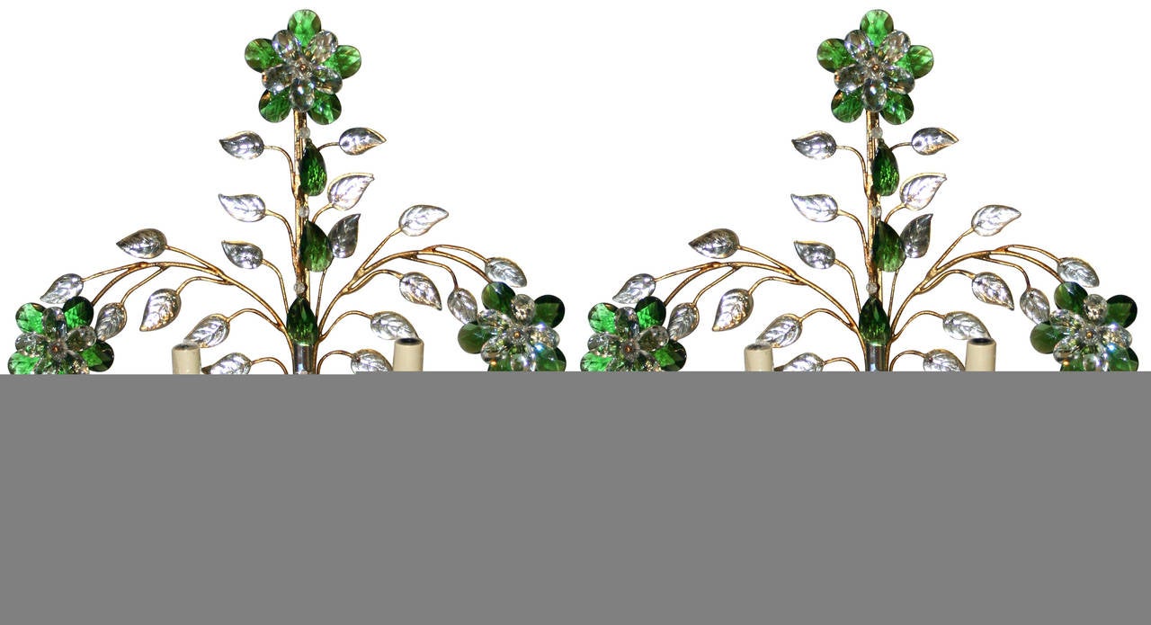 Set of Four Gilt Metal Emerald and Crystal Sconces 2