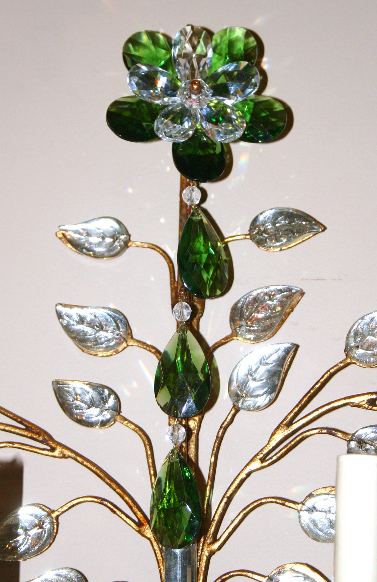 Mid-20th Century Set of Four Gilt Metal Emerald and Crystal Sconces