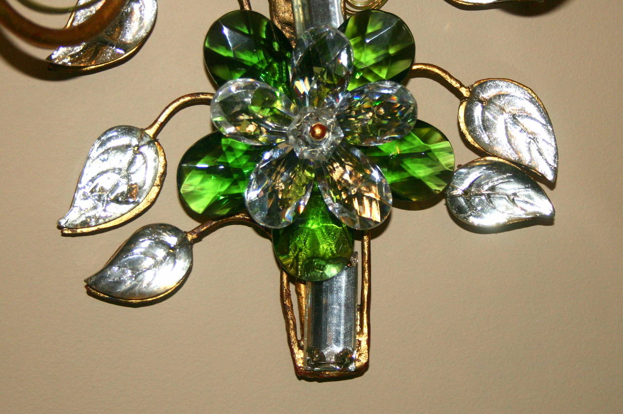 Set of Four Gilt Metal Emerald and Crystal Sconces 1
