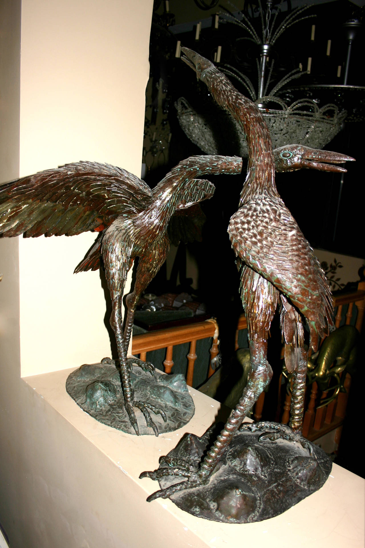 Pair of Large Iron Cranes Sculptures For Sale at 1stDibs