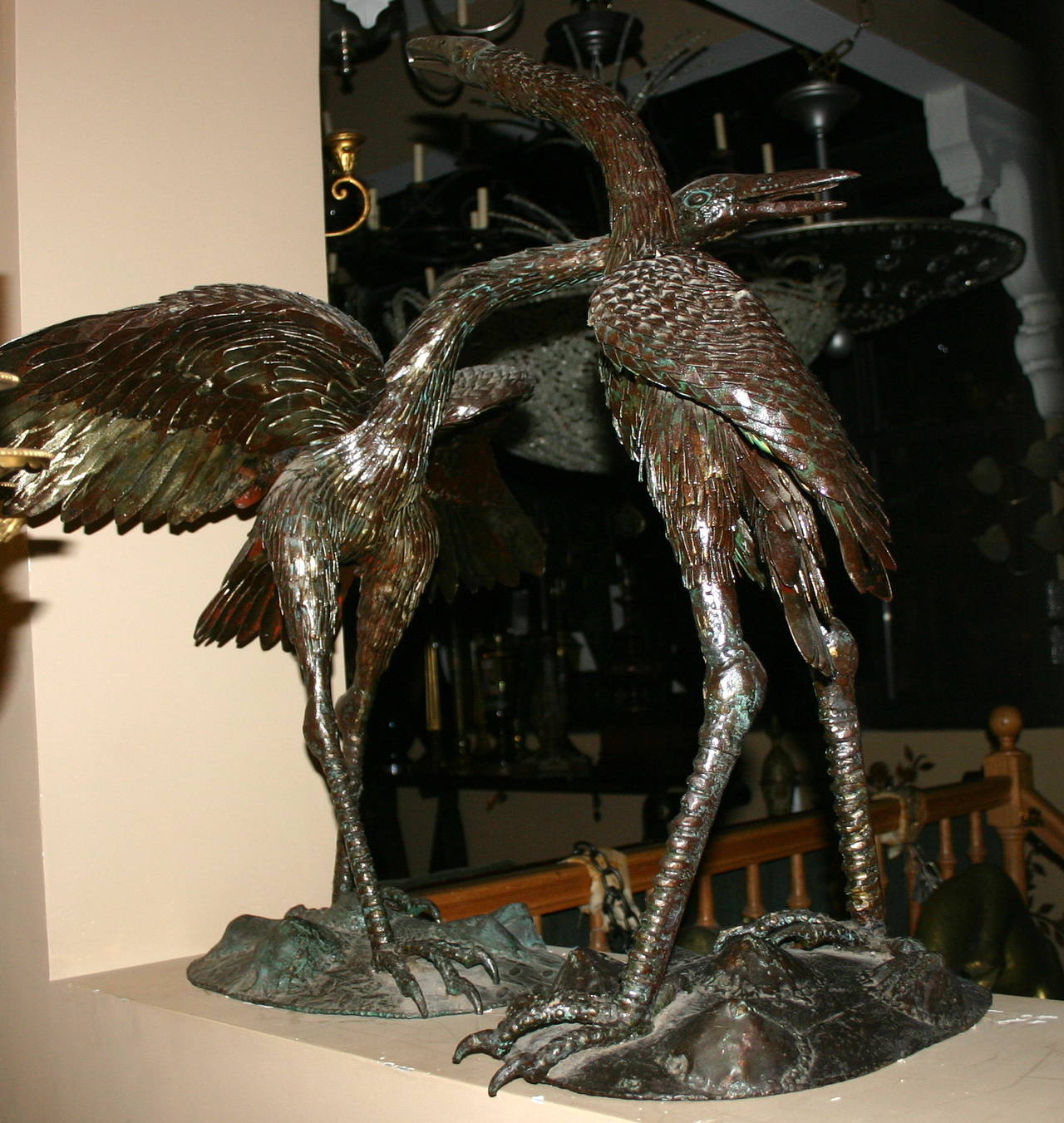 Mid-20th Century Pair of Large Iron Cranes Sculptures For Sale