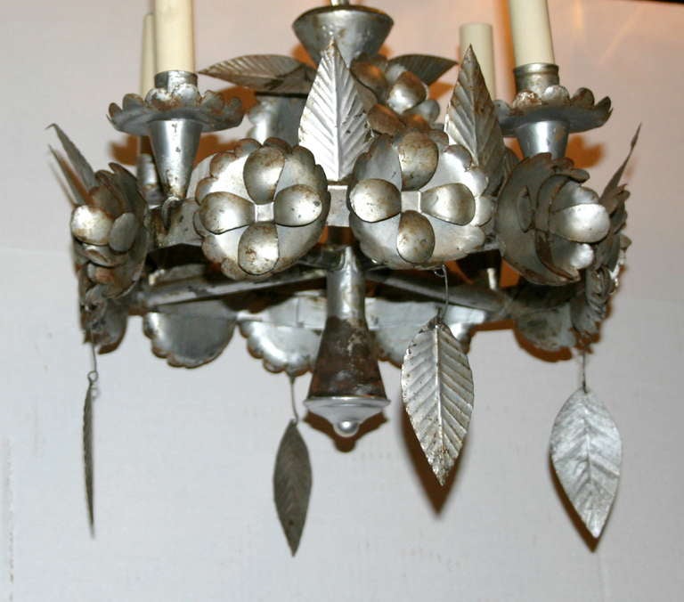 Mid-20th Century Pair of Silver Tin Chandeliers, Sold Individually. For Sale