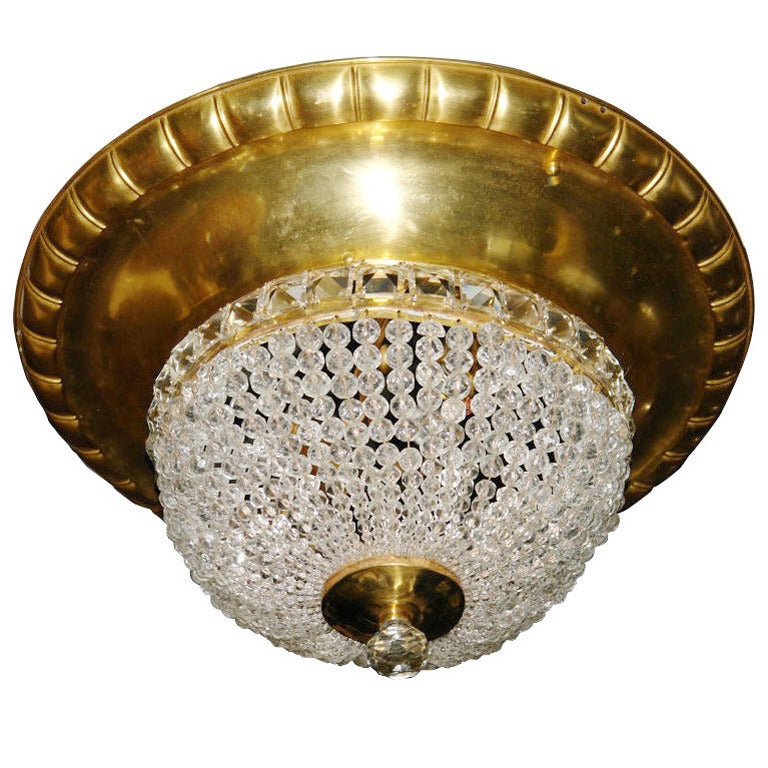 Beaded Crystal and Gilt Metal Flush Mount Light Fixture For Sale