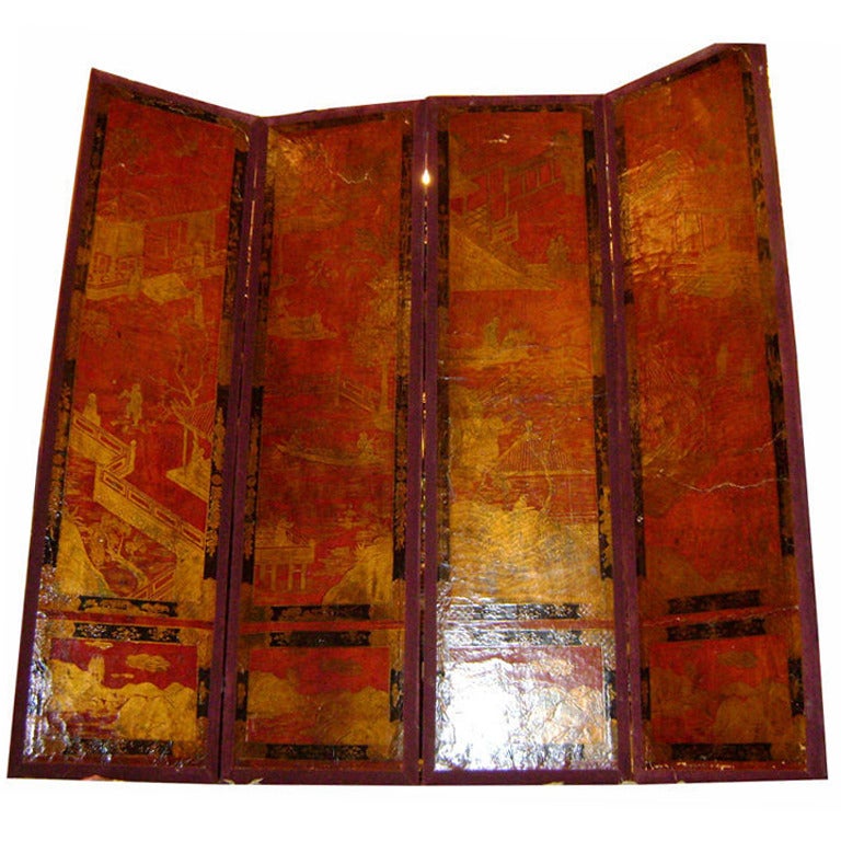 Antique Chinoiserie Leather Screen