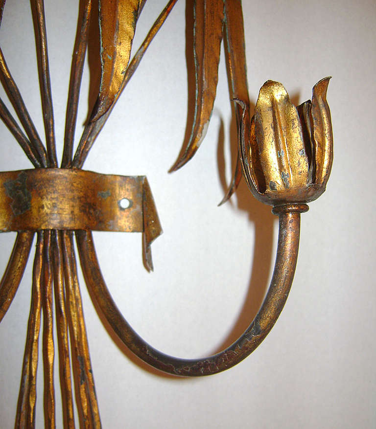 Mid-20th Century Pair of Palm Tree Gilt Metal Sconces For Sale