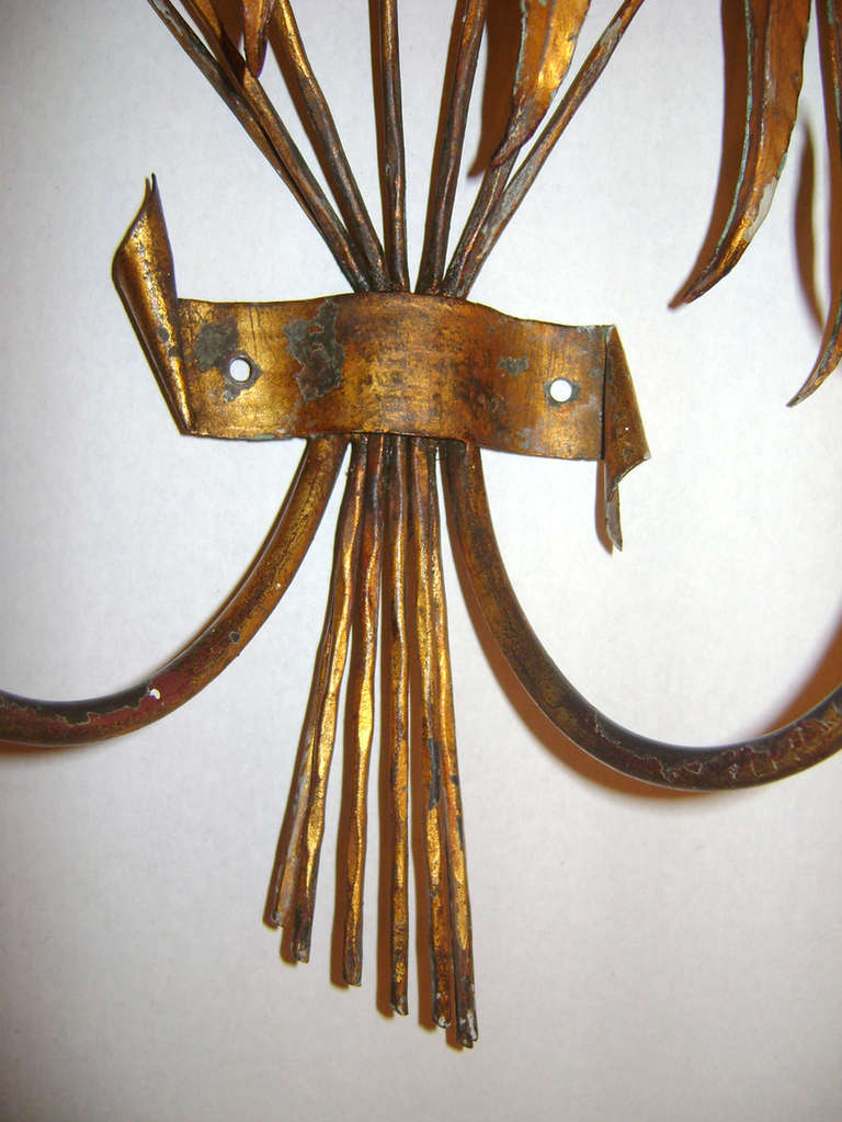 French Pair of Palm Tree Gilt Metal Sconces For Sale