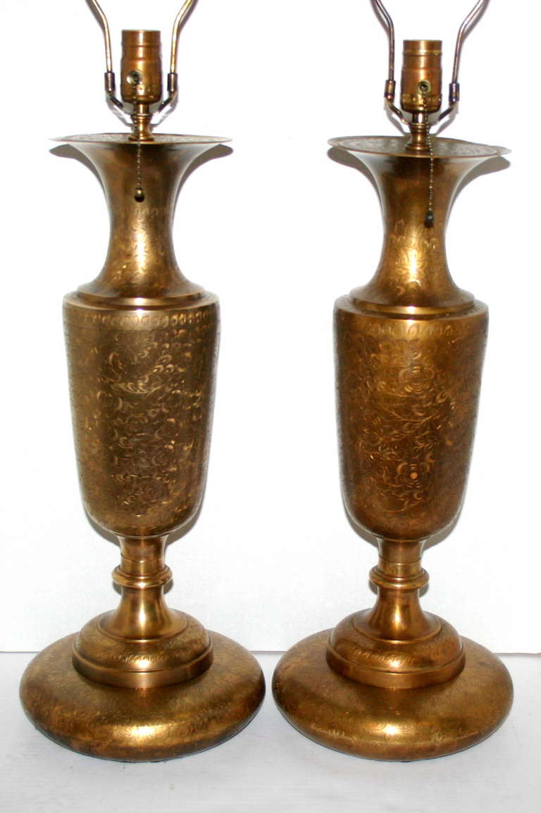 Turkish Pair of Etched Brass Table Lamps