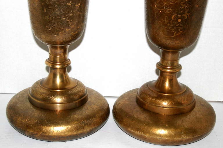 Pair of Etched Brass Table Lamps 1