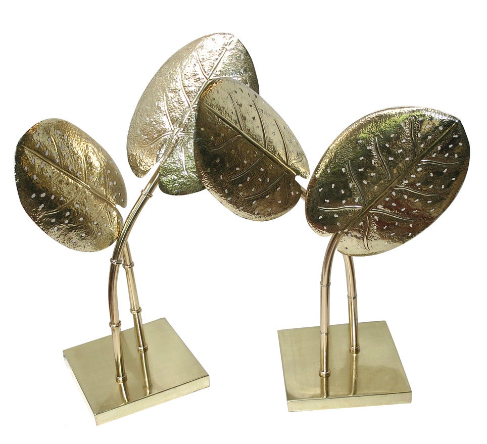 Hammered and Polished Brass Leaf Lamps For Sale