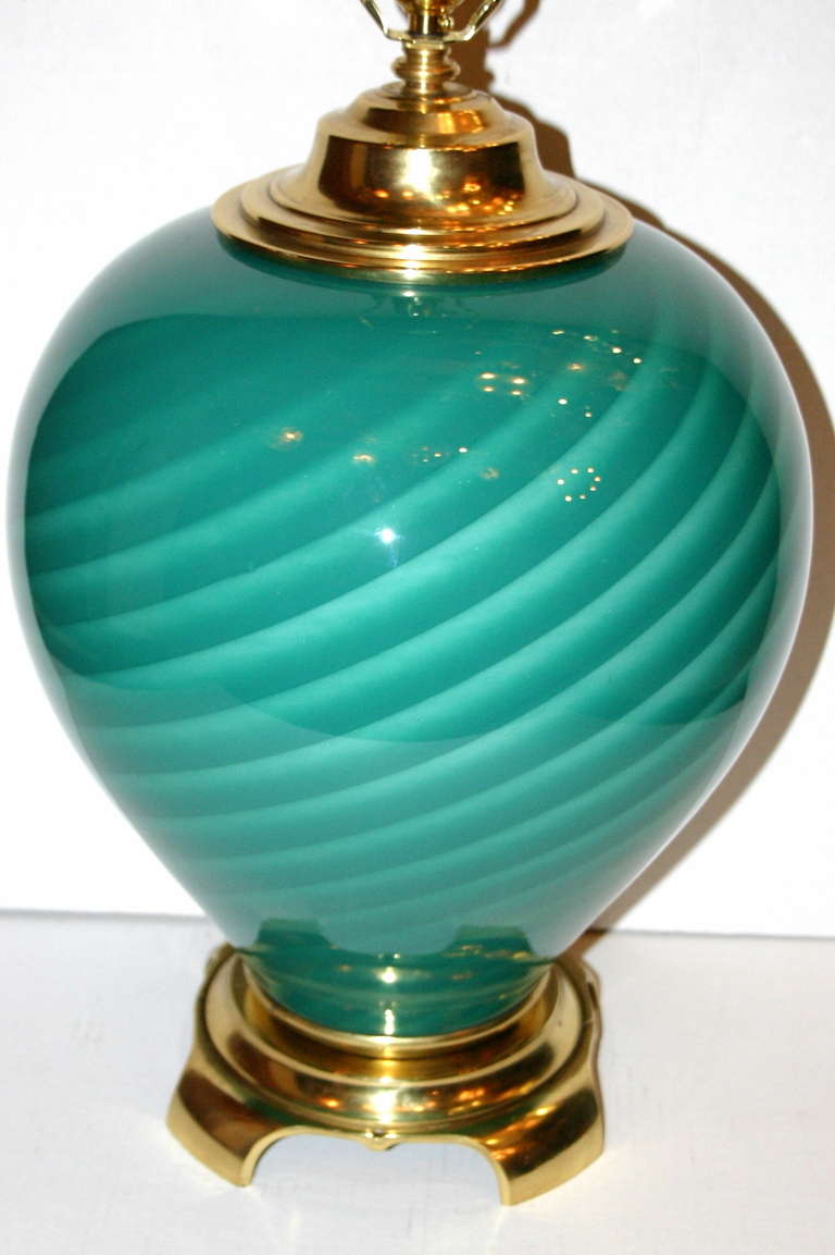 Pair of Large Green Blown Glass Lamps In Good Condition For Sale In New York, NY