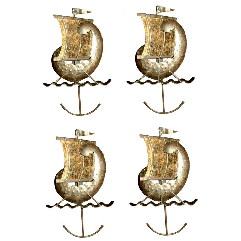 Set of Gilt Ship Sconces with Mica For Sale