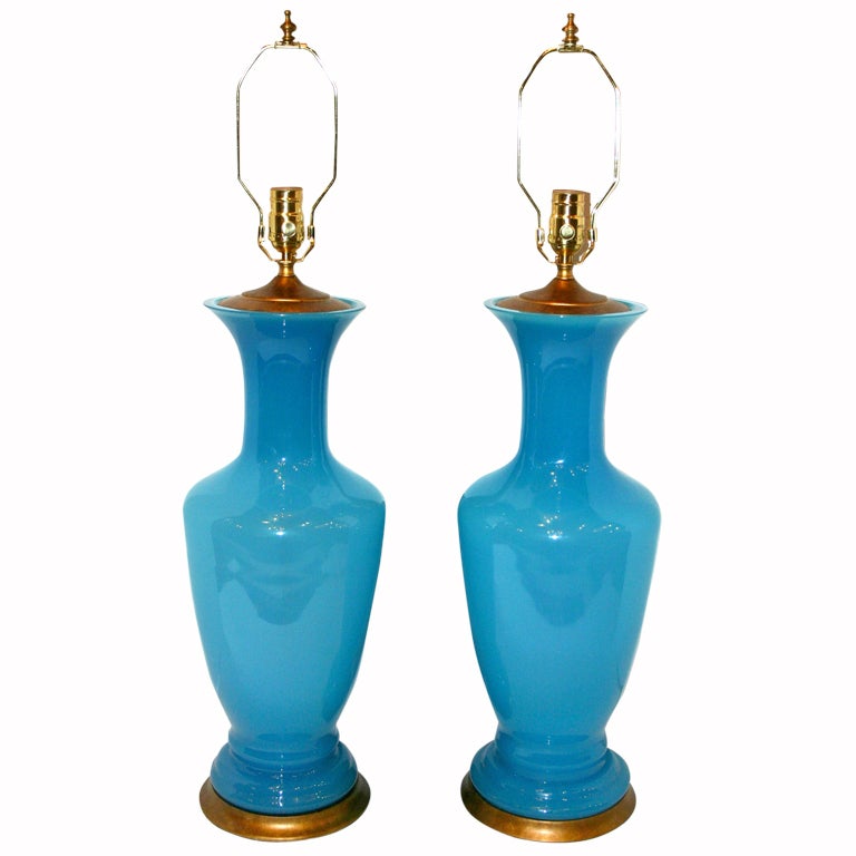 Large French Blue Opaline Glass Lamps
