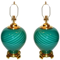 Pair of Large Green Blown Glass Lamps