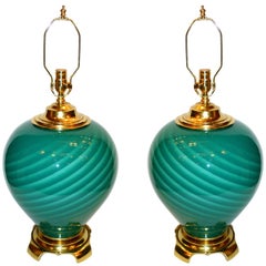 Retro Pair of Large Green Blown Glass Lamps