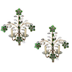 Set of Four Gilt Metal Emerald and Crystal Sconces