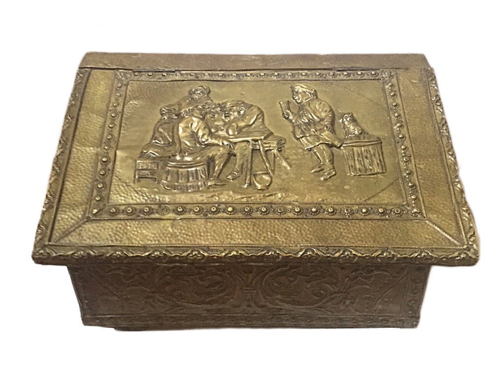 Repoussé brass box, Dutch, repoussé brass covered wooden box with original patina, circa 1940.
Measurements:
17