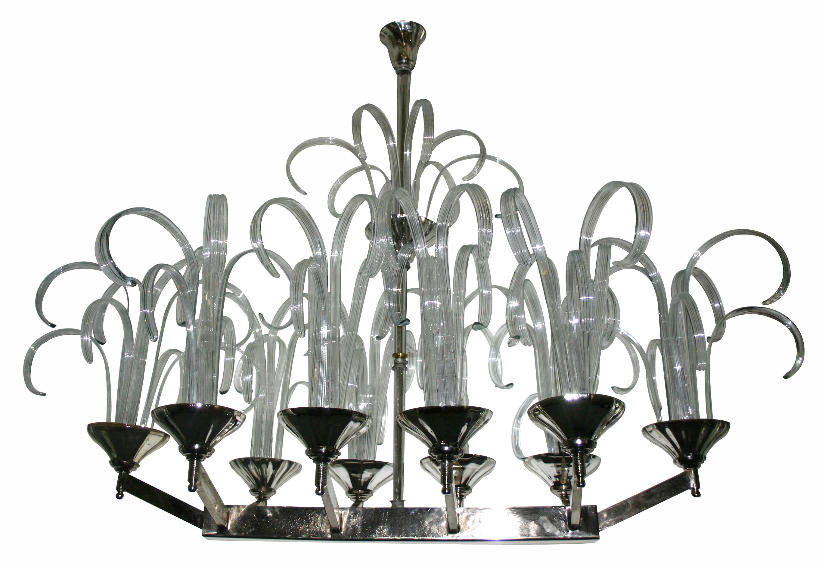 A large, circa 1960s Italian blown glass chandelier with ten-light. The arms with mercury glass bobeches and with clear glass insets. Silver plated body with original patina. Mercury glass bobeches.