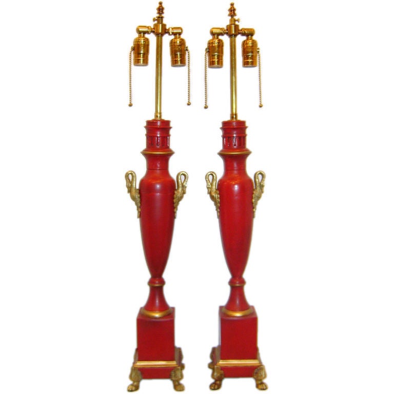 Pair of Large Empire Red Tole Lamps For Sale