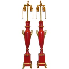 Pair of Large Empire Red Tole Lamps