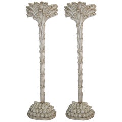 Pair of Vintage Carved Wood Palm Tree Floor Lamps