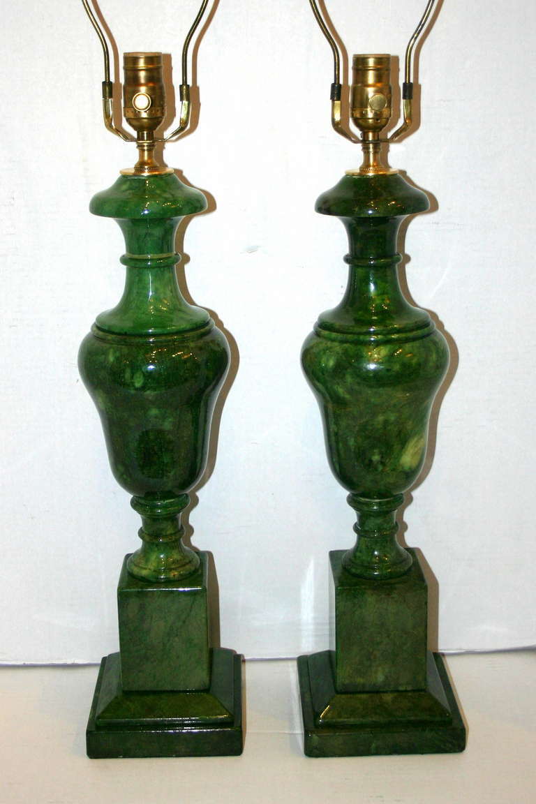 Pair of circa 1940's Italian neoclassic style green alabaster table lamps.

Measurements:
Height of body: 20