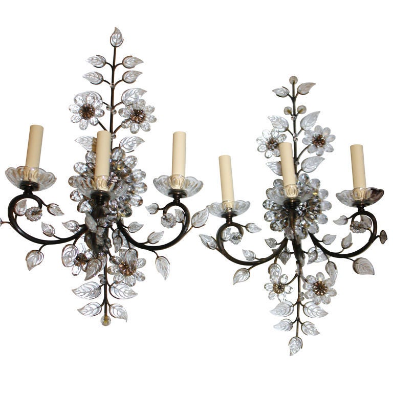 Pair of Patinated Bronze Sconces with Glass Leaves and Flowers For Sale