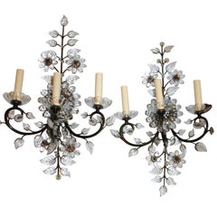 Pair of Patinated Bronze Sconces with Glass Leaves and Flowers