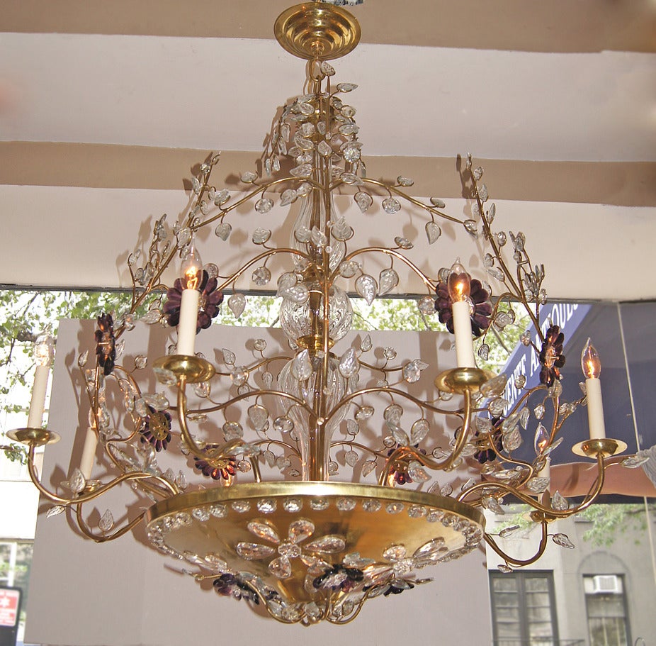 Pair of 1940s French chandeliers with amethyst colored flowers, interior lights and six arms. Original gilt finish and patina.

Measurements:
43