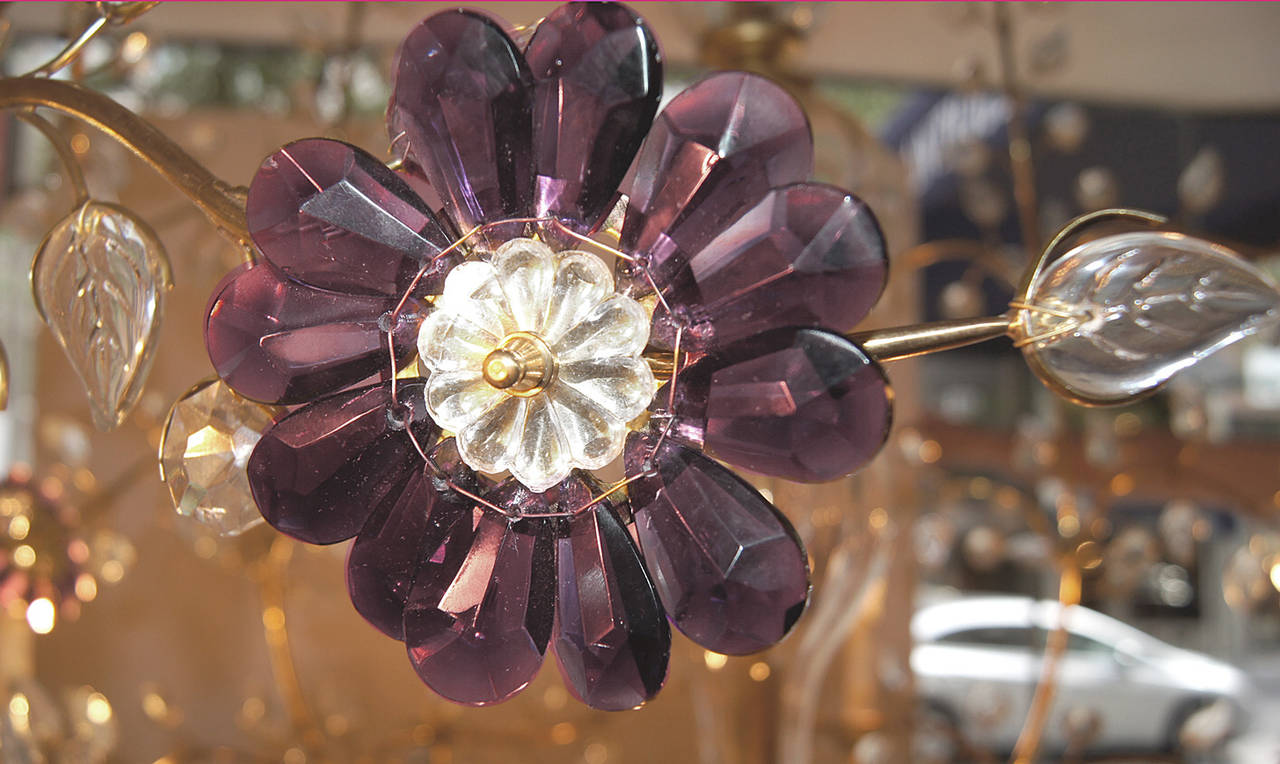 Mid-20th Century Pair of Large Gilt Chandeliers with Amethyst Flowers For Sale